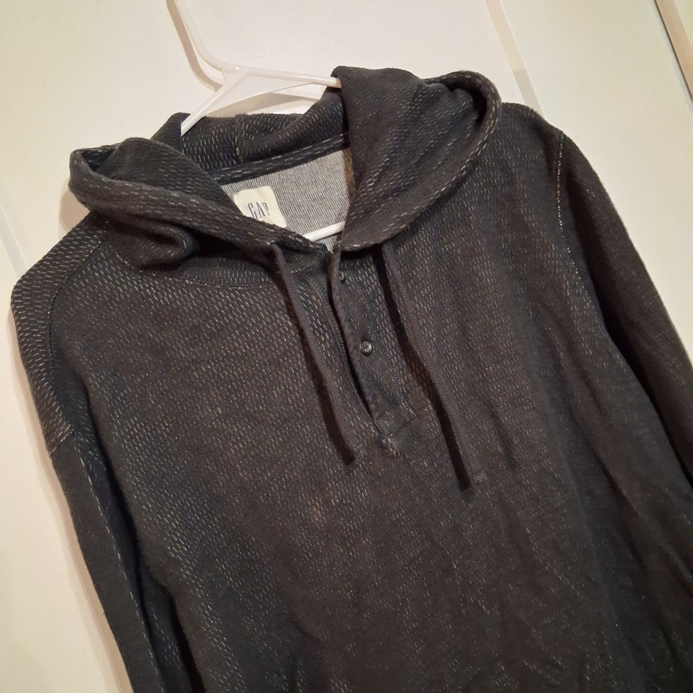 Gap Plated Waffle Hoodie Mens L Charcoal Grey Henley Pullover Casual Comfy